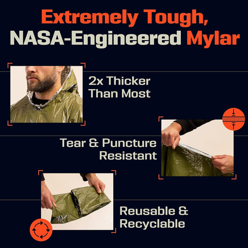 PREPARED4X Emergency Rain Poncho with Mylar Blanket Liner - Survival Blankets for Car - Heavy Duty, Waterproof Camping Gear...